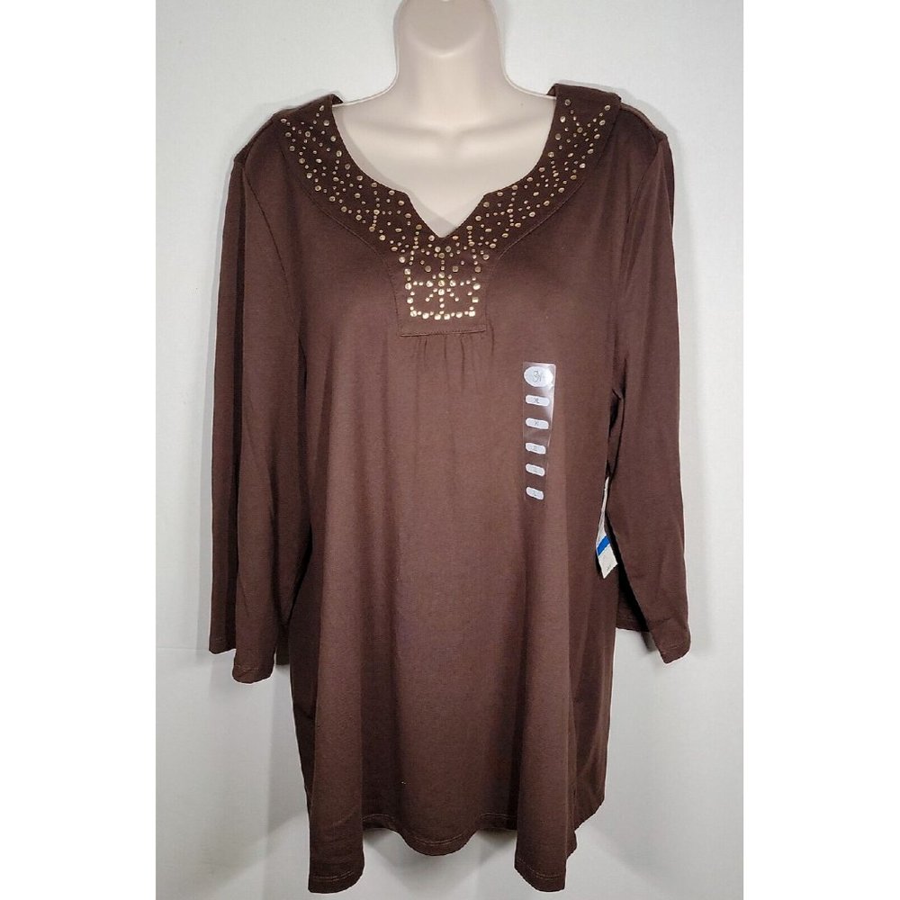 STUDIO WORKS Brown Gold Studded V-Neck Long Sleeve Top Size XL